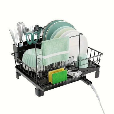 Escurridor de platos compacto de metal con porta utensilios y desagüe, ahorrador de espacio para cocina o fregadero, ideal para autocaravanas y apartamentos pequeños