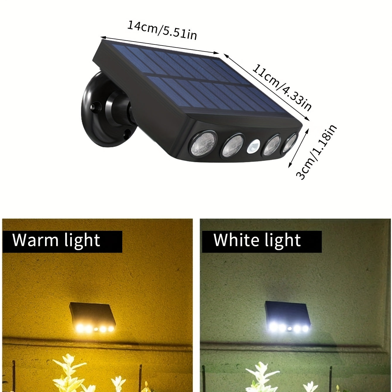 1 pza. de luces solares LED para exteriores con sensor de movimiento, 4 luces LED potentes para seguridad solar, decoración exterior, sensor de movimiento, 3 modos, lámpara de calle con batería de litio 18650 integrada, luz nocturna para pared, jardín