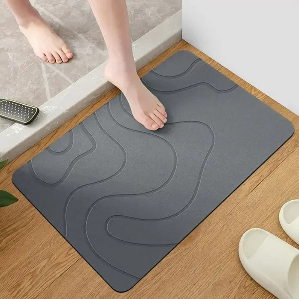 Alfombrilla de baño de diatomea caliente de primera calidad - Alfombrilla de piso antideslizante ultraabsorbente y de secado rápido para baño, ducha, bañera, cocina - Beige con diseño de onda negra, solo lavado a mano, alfombrilla de baño