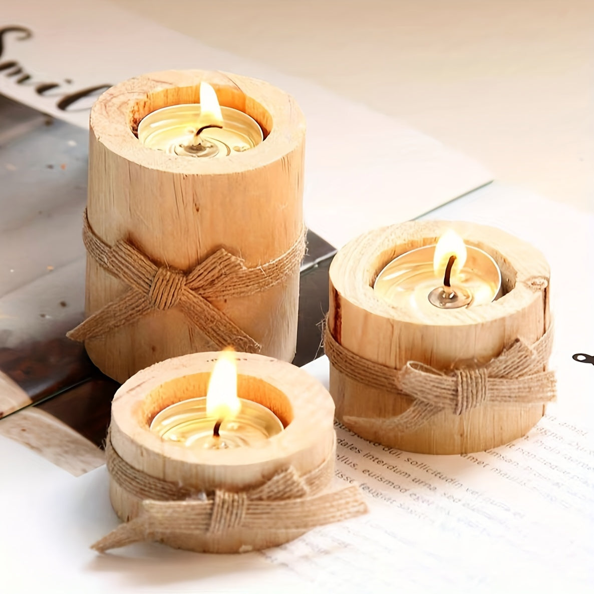 Juego de 3 Portavelas de Madera Pulida Hechos a Mano - Velas de Madera Rústica para Decoración de Fiestas y Cenas a la Luz de Velas en Casa