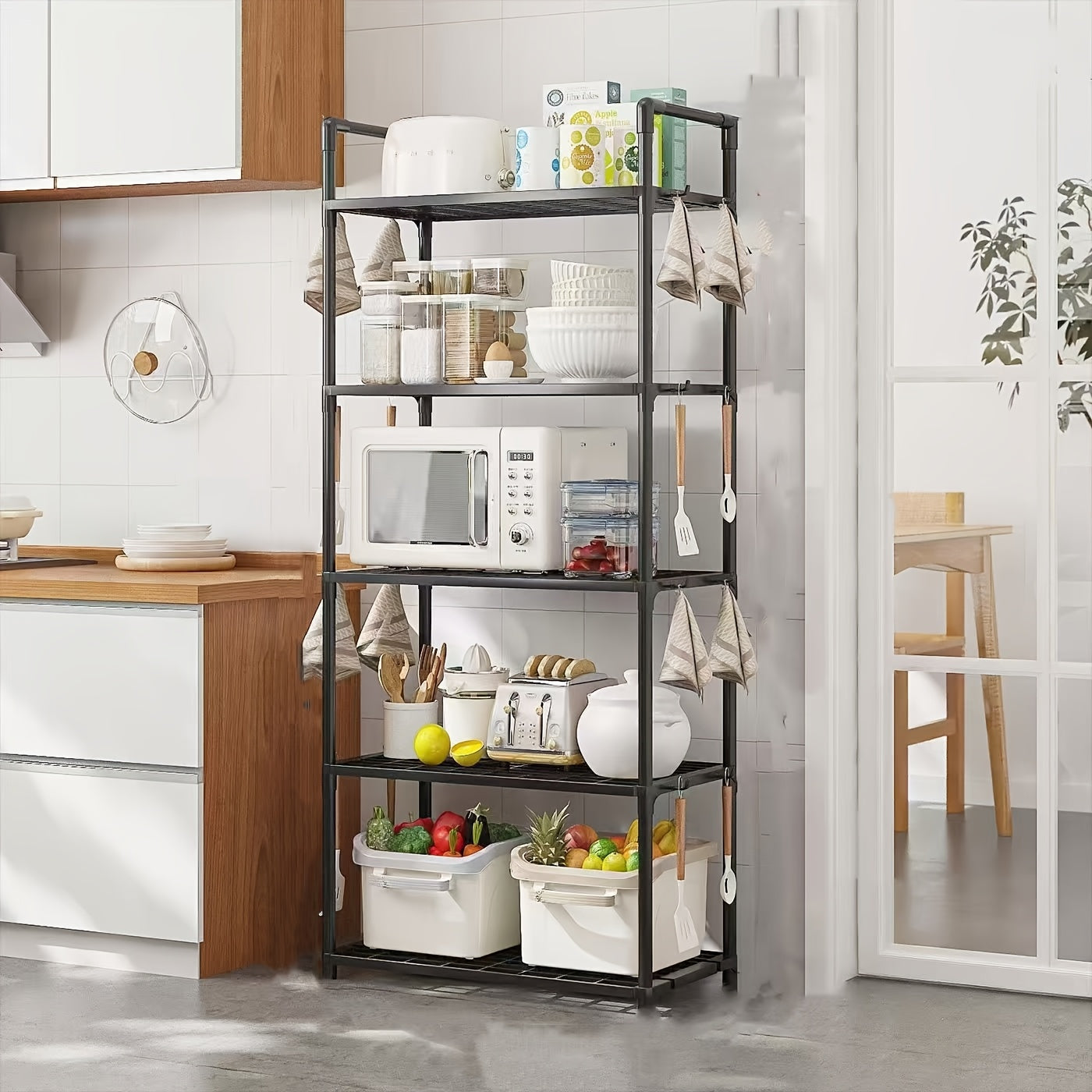 Estante de almacenamiento multiusos, organizador independiente de metal y plástico duradero, para cocina, baño y sala de estar, con microondas, libros y pequeños electrodomésticos.