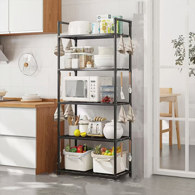 Estante de almacenamiento multiusos, organizador independiente de metal y plástico duradero, para cocina, baño y sala de estar, con microondas, libros y pequeños electrodomésticos.