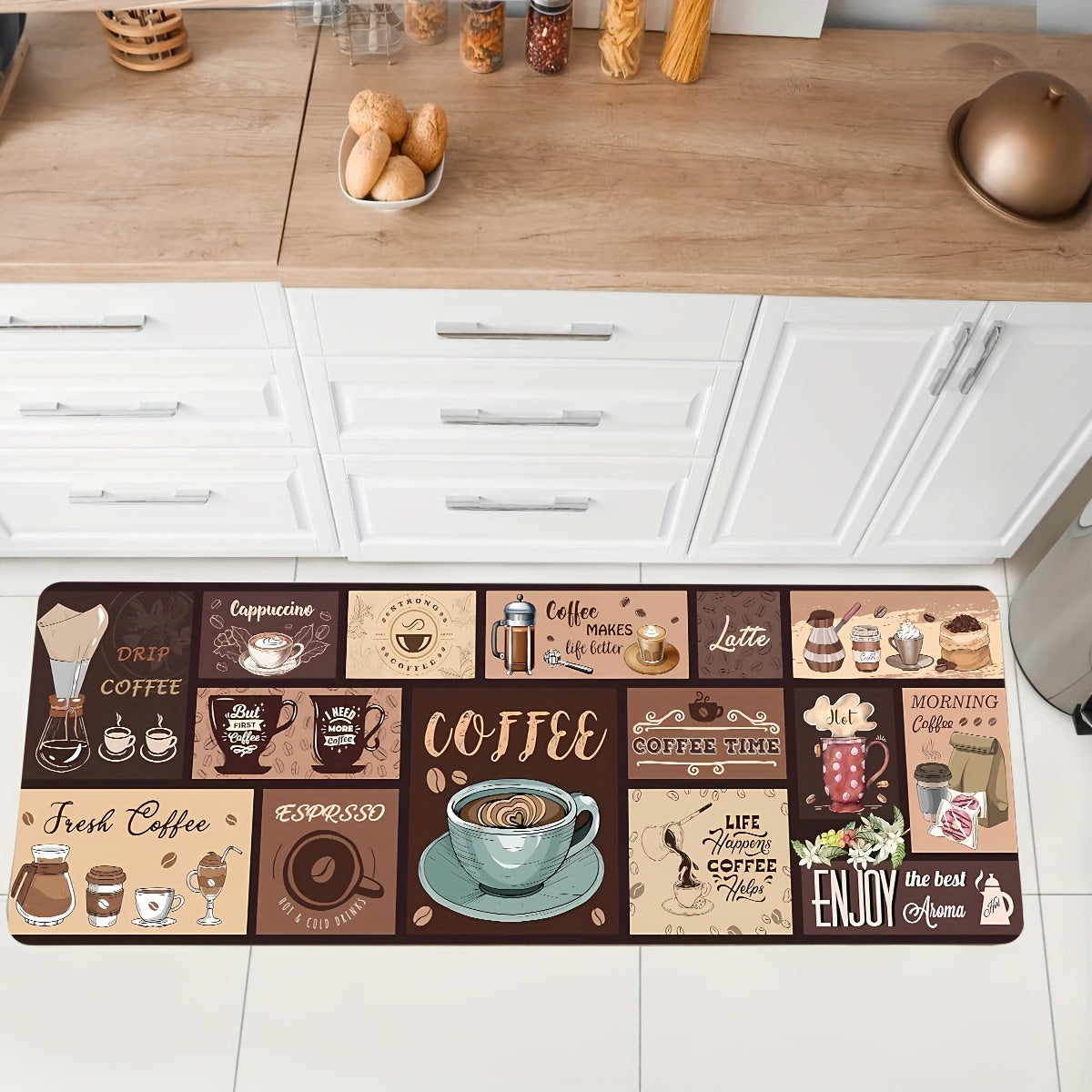 Alfombra de cocina con temática de café vintage – Cómoda alfombra de poliéster con diseños de taza y granos de café, ideal para entrada, dormitorio, sala y lavandería