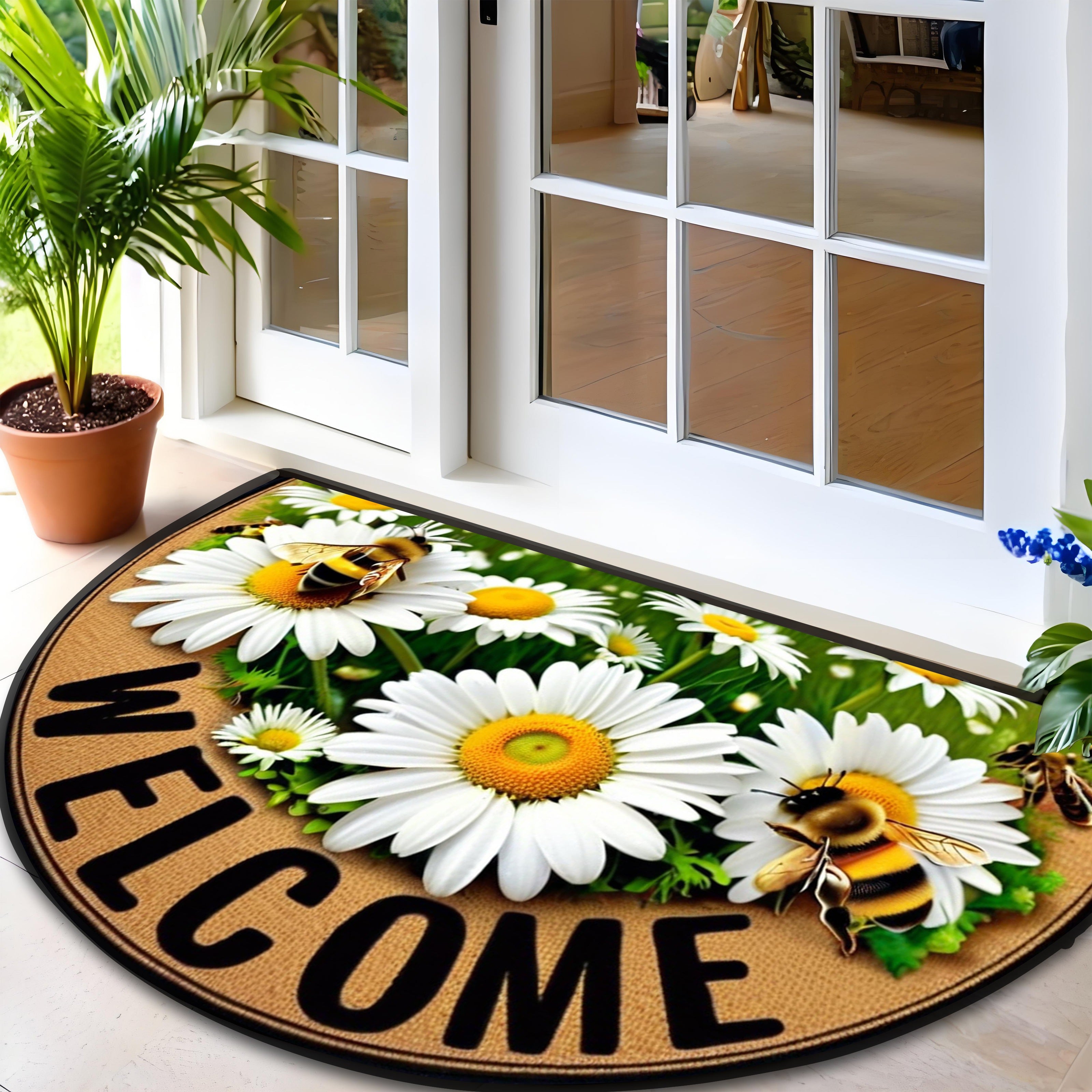 Tapete de bienvenida con diseño de abejas y margaritas - Antideslizante, resistente, semicircular para decoración de granja/patio/lavadero/cocina - Acento elegante para el hogar con diseño floral vibrante, múltiples tamaños disponibles, estilo granja | T