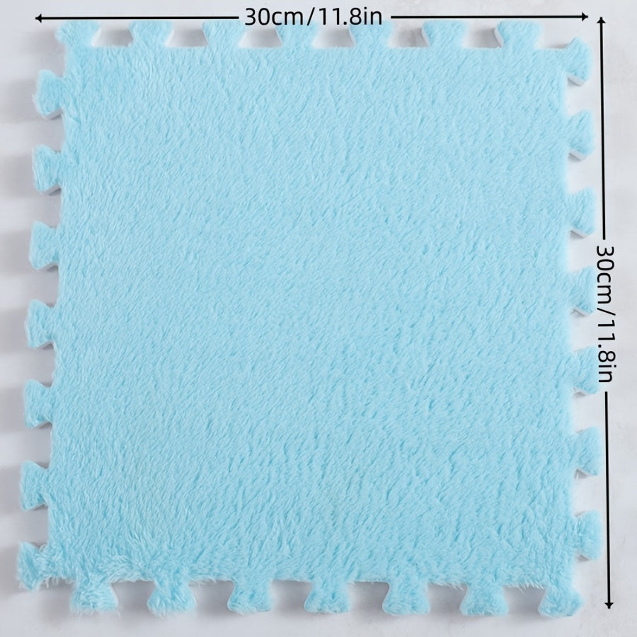 12pcs Alfombras Suaves de Peluche Entrelazadas, Alfombrillas de Espuma EVA Lavables en Azul Claro para Sala de Estar y Dormitorio, 29.97x29.97 cm, Azulejos Antideslizantes y Amigables con Mascotas para Decoración Hogareña Acogedora, Alfombras para Sala d