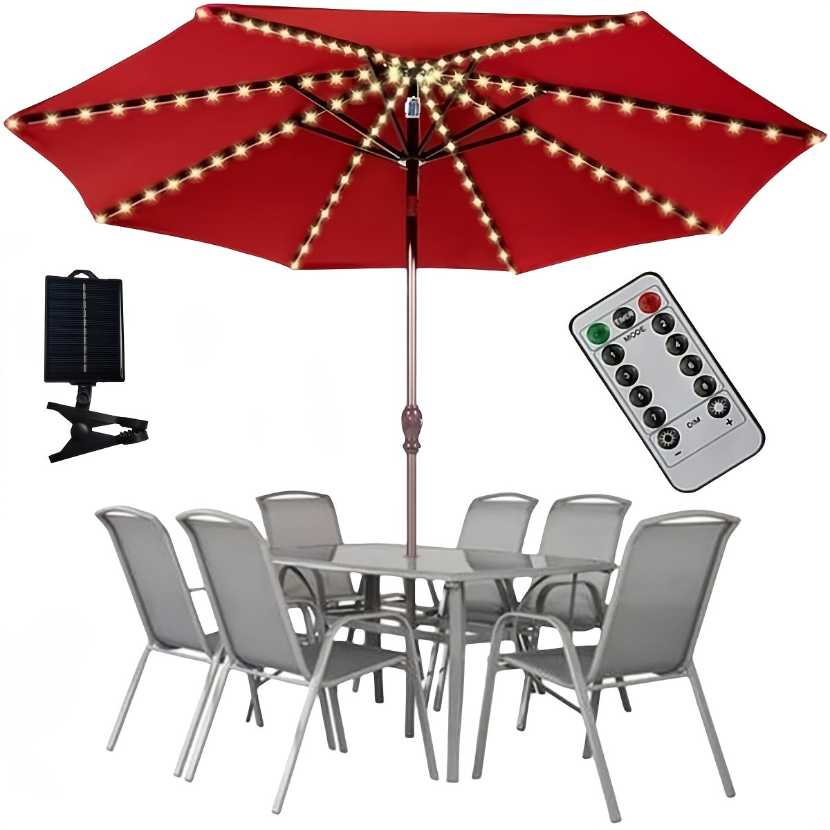 Luces Solares de Sombrilla TPGEBO con Control Remoto - 8 Modos de Brillo, Función de Temporizador, Pinza para Panel Solar para Patio, Playa, Jardín y Decoraciones de Fiesta (Incluye Pilas), Luces Solares Exteriores