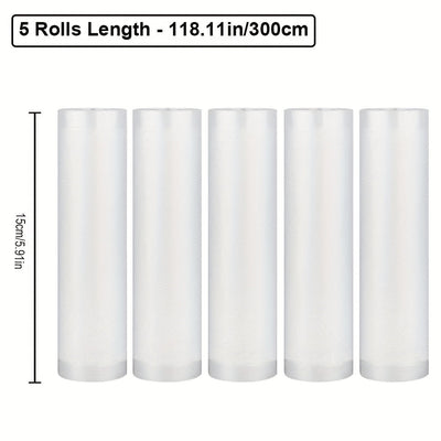 5 rollos de sellado al vacío Agashe, 3m cada uno, texturizados para un máximo de frescura, sin BPA, longitudes fáciles, perfectos para carne, verduras, frutas - Ideales para preparación de comidas y almacenamiento a largo plazo