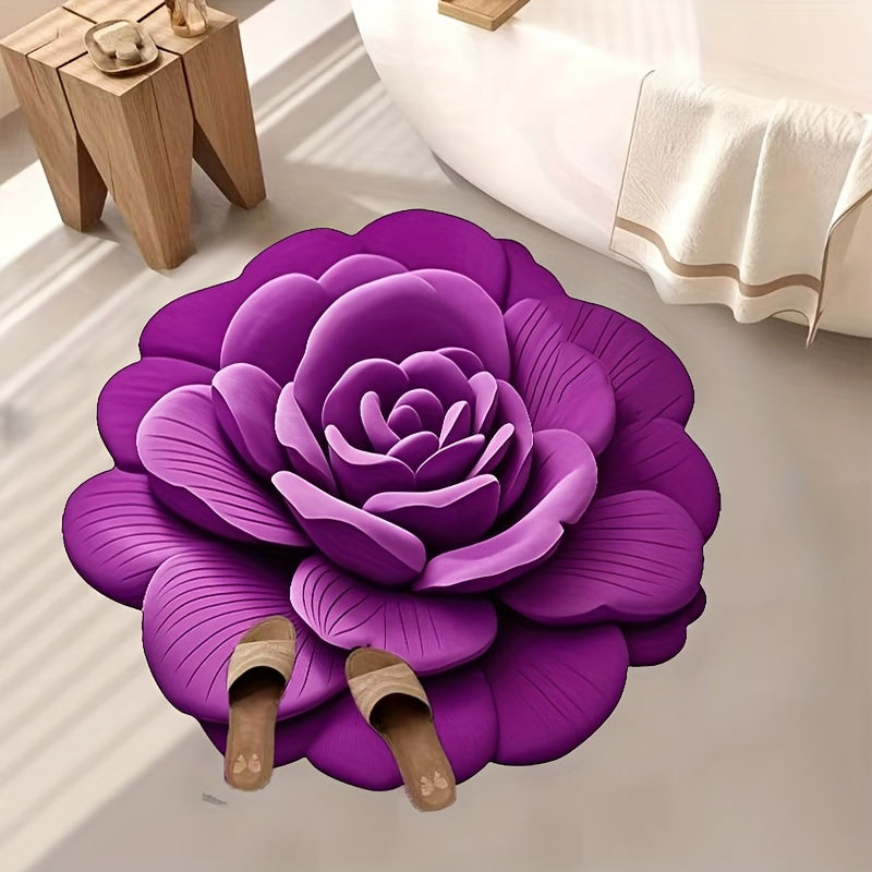 1 pieza de alfombrilla floral 3D de color morado - Poliéster grueso y suave como terciopelo, antideslizante, lavable en máquina, forma irregular para dormitorio, sala de estar, entrada - Alfombrilla elegante para decoración del hogar, alfombras para sala