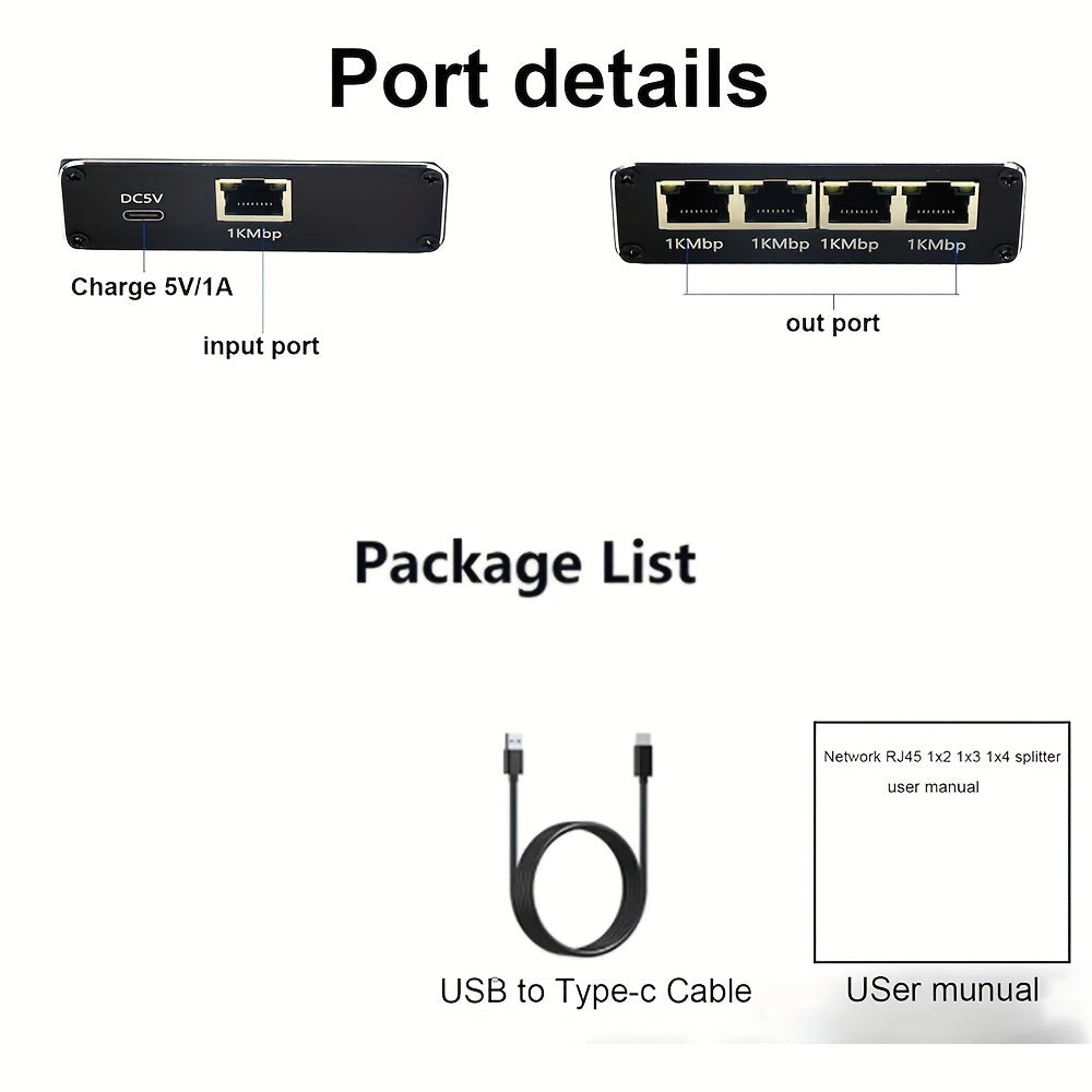 Divisor de red Gigabit Ethernet de 1 a 4, concentrador de red de 1000 Mbps con cable de alimentación USB, conector RJ45, acabado mate, compatible universalmente con cables Ethernet Cat5/5e/6/7/8, hub de distribución de red para múltiples dispositivos sin