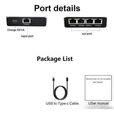 Divisor de red Gigabit Ethernet de 1 a 4, concentrador de red de 1000 Mbps con cable de alimentación USB, conector RJ45, acabado mate, compatible universalmente con cables Ethernet Cat5/5e/6/7/8, hub de distribución de red para múltiples dispositivos sin