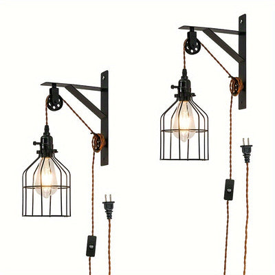 1/2pcs Aplique de Pared de Encanto Industrial - Aplique de Pared con Pantalla de Hierro Retro, Enchufe, con Interruptor Simple, Perfecto para el Ambiente del Hogar (Bombilla No Incluida)