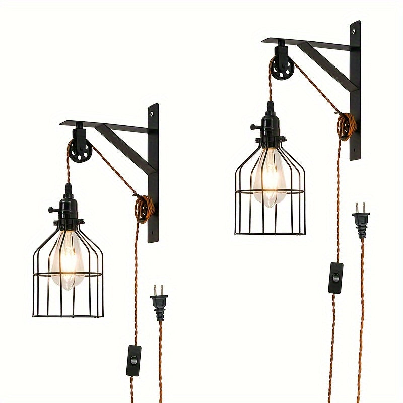 1/2pcs Aplique de Pared de Encanto Industrial - Aplique de Pared con Pantalla de Hierro Retro, Enchufe, con Interruptor Simple, Perfecto para el Ambiente del Hogar (Bombilla No Incluida)