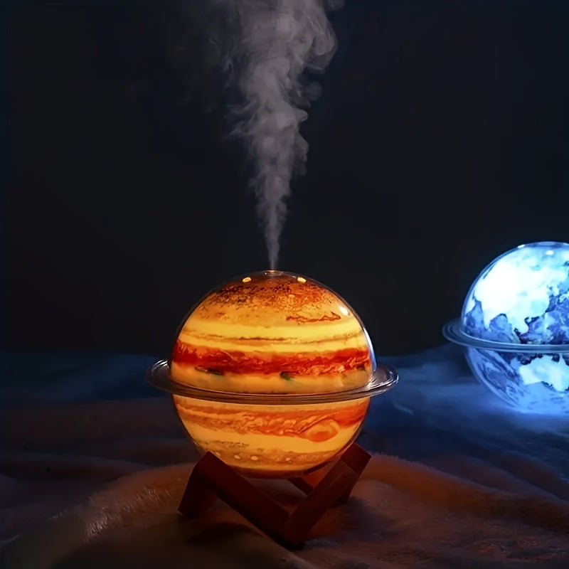 Humidificador USB Creativo de Planeta con Luces LED Coloridas - Difusor de Aromaterapia de 330ml, Decoración Silenciosa para Escritorio en Dormitorio o Sala de Estar, Base de Madera, Alimentado por USB (Batería No Incluida), Efecto Nebulosa | Base Establ