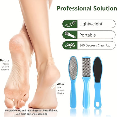 3 piezas Juego de pedicura azul - Lima de pies de acero inoxidable de doble cara, removedor de callos manual, exfoliante de piel muerta, herramientas de cuidado de pies de plástico para uso doméstico o en salón, sin perfume, no necesita electricidad, reg