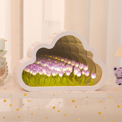 Luz de noche de tulipán de nube hecha a mano, producto terminado espejo, lámpara de mesa LED brillante, decoración para dormitorio, luz de atmósfera, regalo creativo de cumpleaños para esposa o mejor amiga.