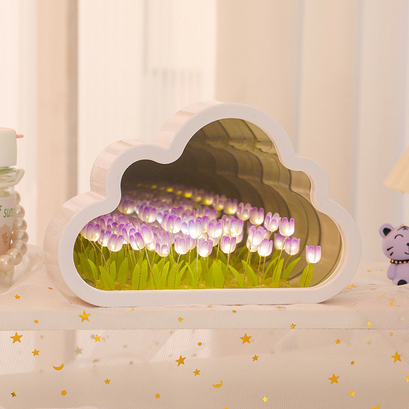 Luz de noche de tulipán de nube hecha a mano, producto terminado espejo, lámpara de mesa LED brillante, decoración para dormitorio, luz de atmósfera, regalo creativo de cumpleaños para esposa o mejor amiga.