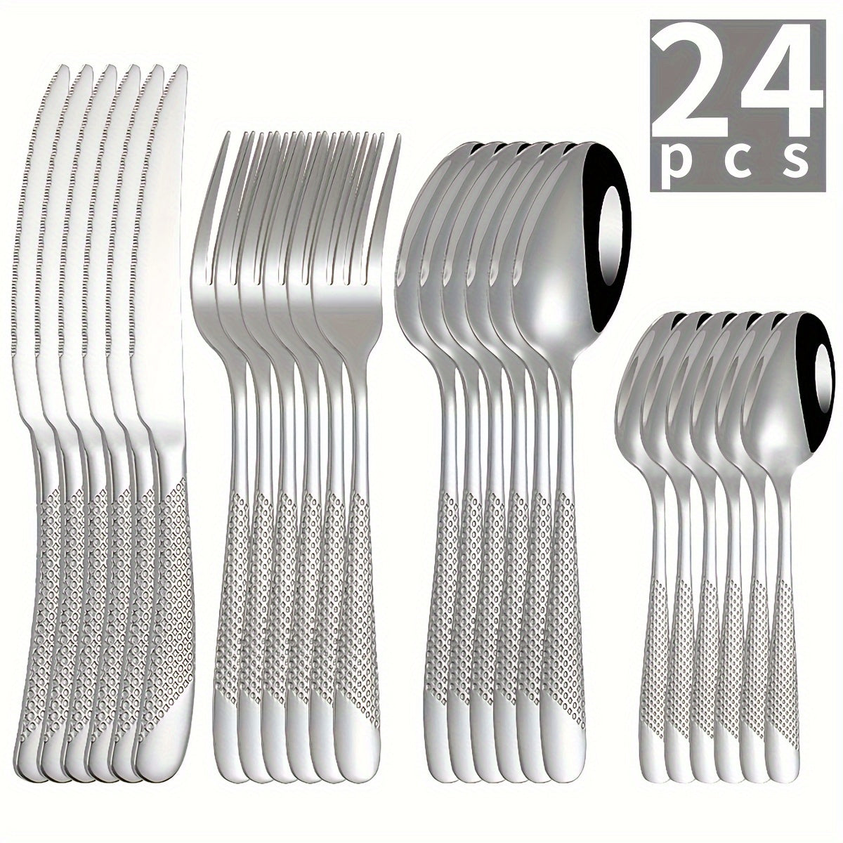 Juego de cubiertos de acero inoxidable con diseño de estrella, 24 piezas - Incluye cuchillo para carne, tenedor, cuchara y cuchara de postre - Ideal para hoteles y restaurantes