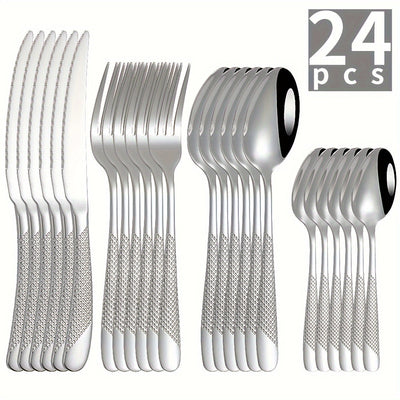 Juego de cubiertos de acero inoxidable con diseño de estrella, 24 piezas - Incluye cuchillo para carne, tenedor, cuchara y cuchara de postre - Ideal para hoteles y restaurantes