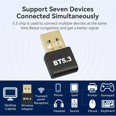 Adaptador inalámbrico USB 5.3 para PC, auriculares, teclado, ratón, altavoces - Plug and Play, compatible con Windows 11/10/8.1, compatible con versiones anteriores de 5.2/5.1/5.0/4.2/4.1/4.0, admite 7 dispositivos, no requiere batería.
