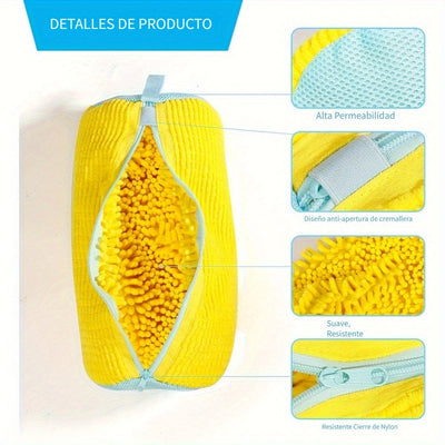 Juego de 2 bolsas lavadoras reutilizables para tenis, resistentes a roturas, evitan enredos, bolsas de lavandería de poliéster de alta calidad para lavadora y secadora, color amarillo brillante con detalles en azul, fácil almacenamiento