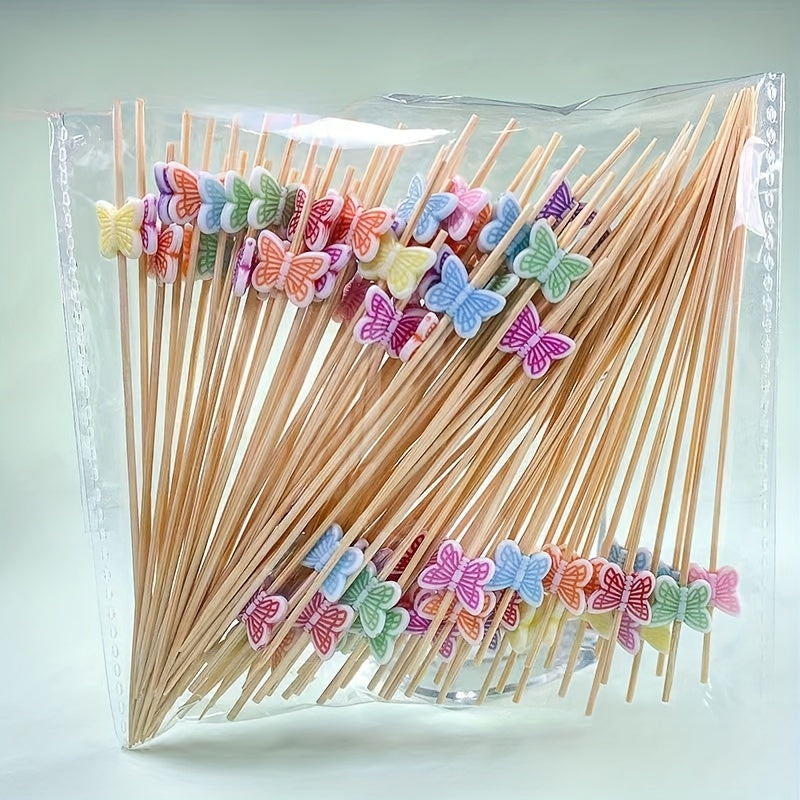 50/100pcs Palillos de Cóctel de Bambú con Mariposas Coloridas - Brochetas Desechables para Frutas para Fiestas, Días Festivos y Decoraciones de Mesa, Diseño Elegante de Mariposas en Colores Surtidos (Rojo, Amarillo, Azul, Morado)