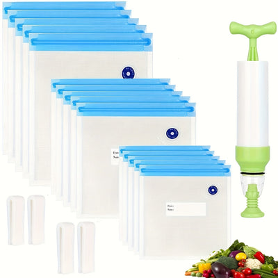 20 Bolsas de Almacenamiento de Vacío Reutilizables con Cierre Hermético y Cremallera - Material PE Duradero, Incluye Bomba Manual para Frescura, Diseño Transparente para Identificación Fácil, Ideales para Frutas, Verduras y Bocadillos - Perfecto para el