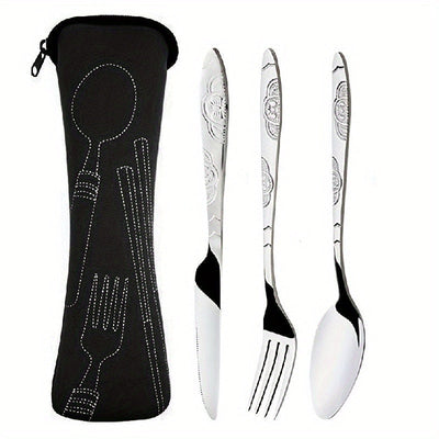 Juego de cubiertos premium de acero inoxidable, 5 piezas - cuchillo, tenedor y cuchara livianos, duraderos y antióxido, con estuche elegante - ideal para camping, viajes, picnics, trabajo y senderismo
