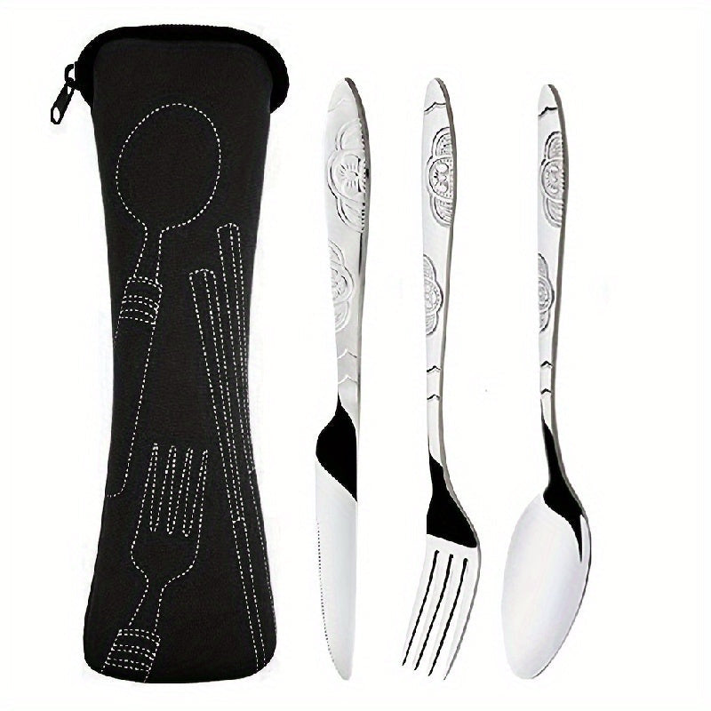 Juego de cubiertos premium de acero inoxidable, 5 piezas - cuchillo, tenedor y cuchara livianos, duraderos y antióxido, con estuche elegante - ideal para camping, viajes, picnics, trabajo y senderismo