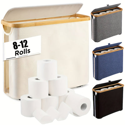 Portarrollos de bambú estilo bohemio con canasta de almacenamiento, multifuncional y plegable, ideal para baños y dormitorios, también sirve como canasta de ropa o soporte para pañuelos