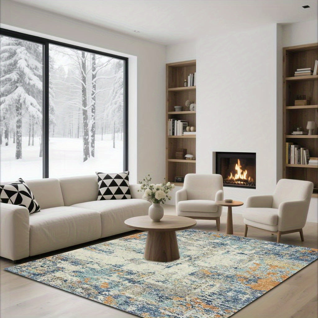 Alfombra Moderna Antideslizante Lavable a Máquina - Diseño Abstracto Azul/Blanco/Naranja, Pelo Grueso y Suave para Sala, Dormitorio, Entrada, Cocina, Baño o Patio - Alfombra Resistente para Uso Interior/Exterior (1.8m+ & 2.16m²+) - Decoración Fácil de Li