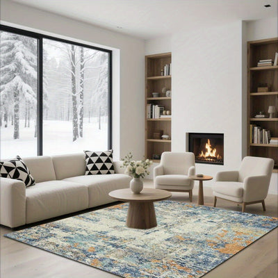 Alfombra Moderna Antideslizante Lavable a Máquina - Diseño Abstracto Azul/Blanco/Naranja, Pelo Grueso y Suave para Sala, Dormitorio, Entrada, Cocina, Baño o Patio - Alfombra Resistente para Uso Interior/Exterior (1.8m+ & 2.16m²+) - Decoración Fácil de Li