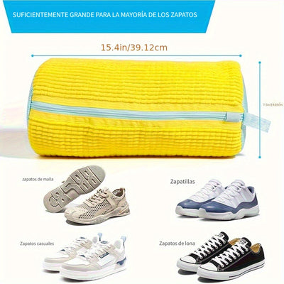 Juego de 2 bolsas lavadoras reutilizables para tenis, resistentes a roturas, evitan enredos, bolsas de lavandería de poliéster de alta calidad para lavadora y secadora, color amarillo brillante con detalles en azul, fácil almacenamiento