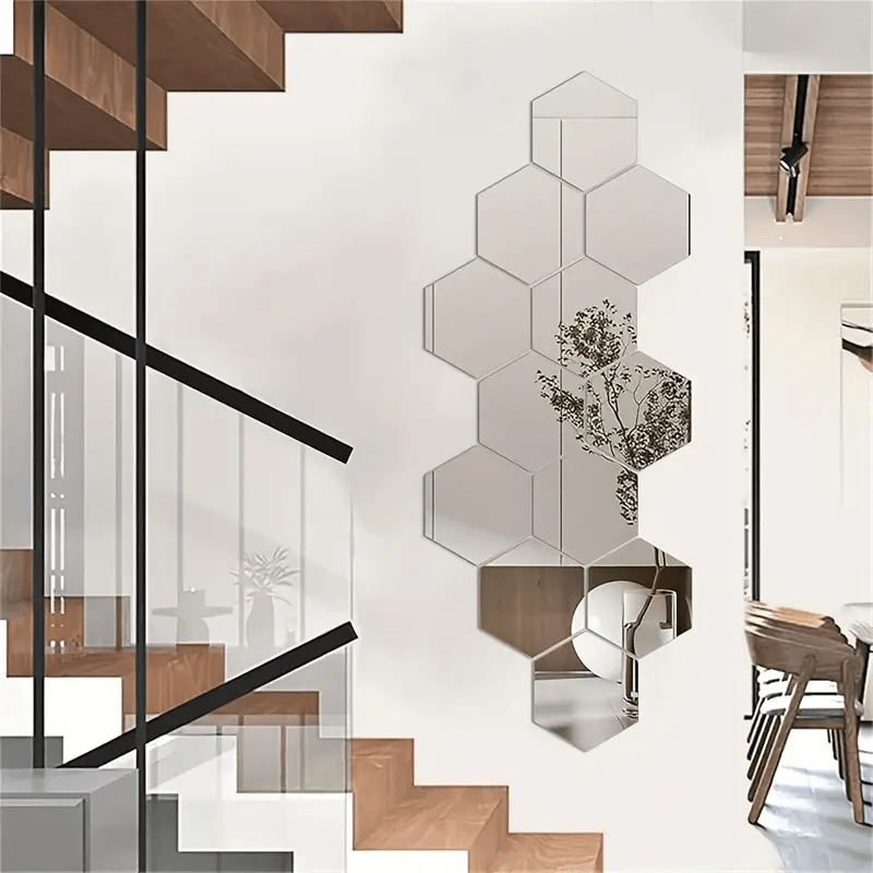13 piezas de espejos hexagonales grandes de acrílico suave plateado, adhesivos para pared, decoración para baño, sala y dormitorio, hazlo tú mismo