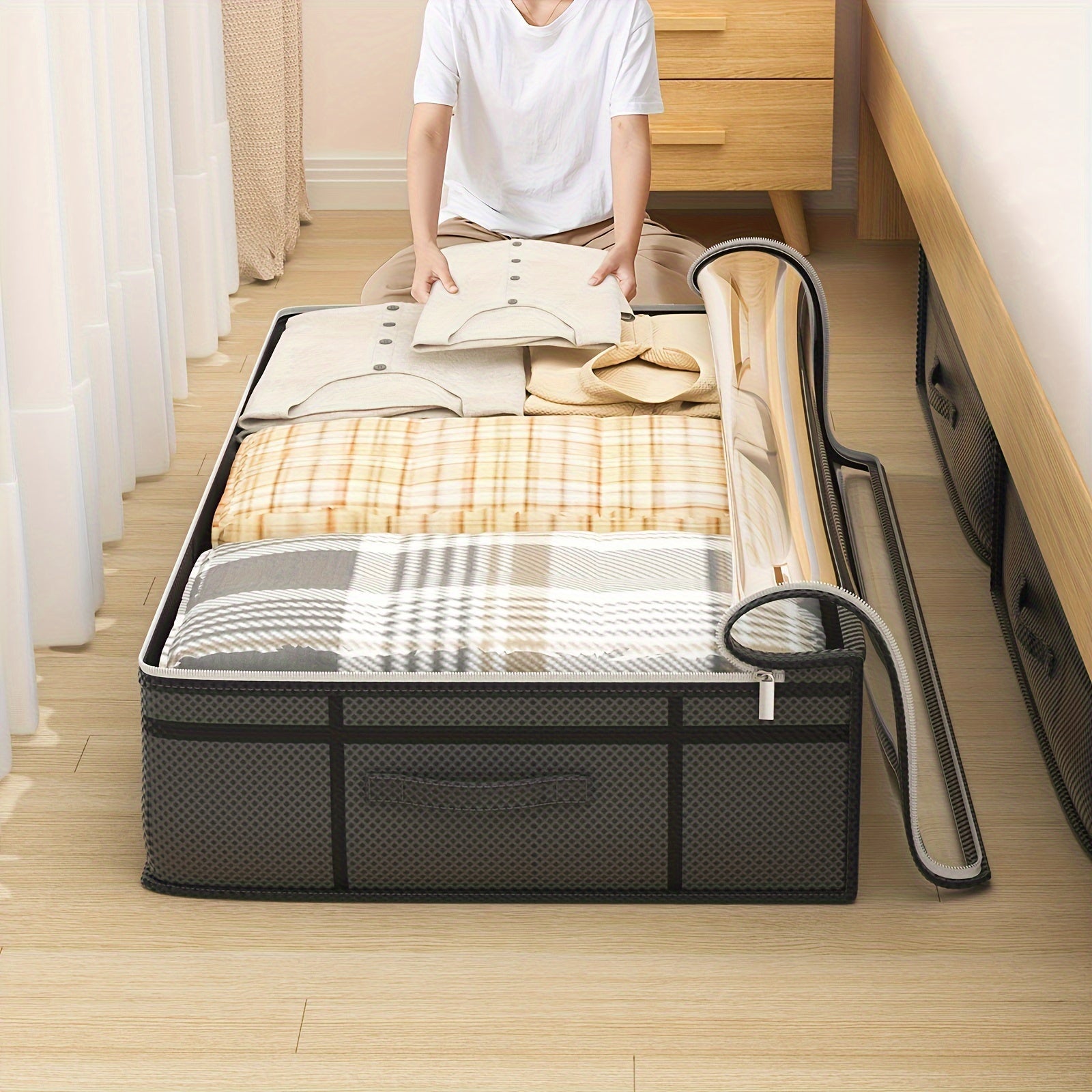 Organizador de almacenamiento debajo de la cama con tapa transparente, bolsa de almacenamiento de ropa de gran capacidad, organización doméstica simplista