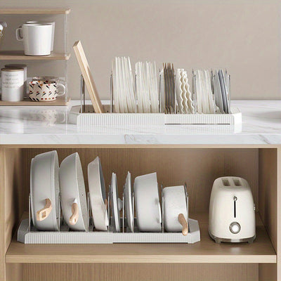 Soporte de Ollas Retráctil de Acero Inoxidable con 6 Compartimentos Ajustables - Estante Flexible para Cocina para Ollas, Tapas y Utensilios - Ideal para Cocinas Caseras, Cafeterías, Restaurantes y Bares