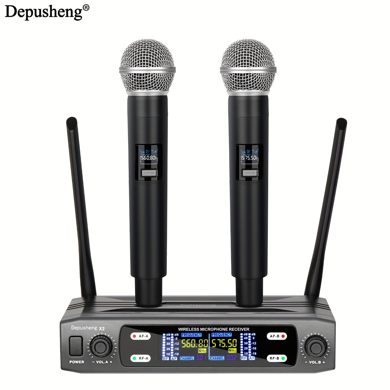 Micrófono inalámbrico profesional DEPUSHENG de dos canales portátil con pantalla digital, conector de 6,35 mm, indicador de batería y control de volumen - para reuniones, escenarios, actuaciones, KTV familiar, micrófono para computadora, equipo de audio