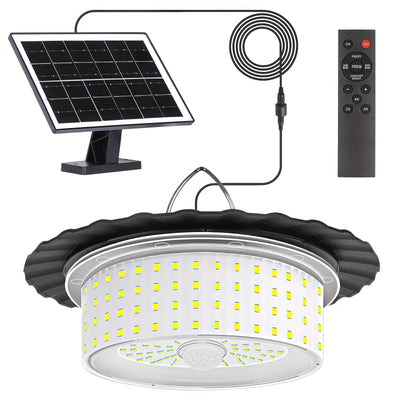 1-Pack Luz Solar para Cobertizo con Control Remoto, 244 LED Lámpara Colgante Solarte, Sensor de Movimiento y Impermeable IP65, Iluminación Exterior/Interior con Cuello Ajustable, Panel Solar, para Garaje, Patio, Camping, Jardín, Granero - Iluminación LED