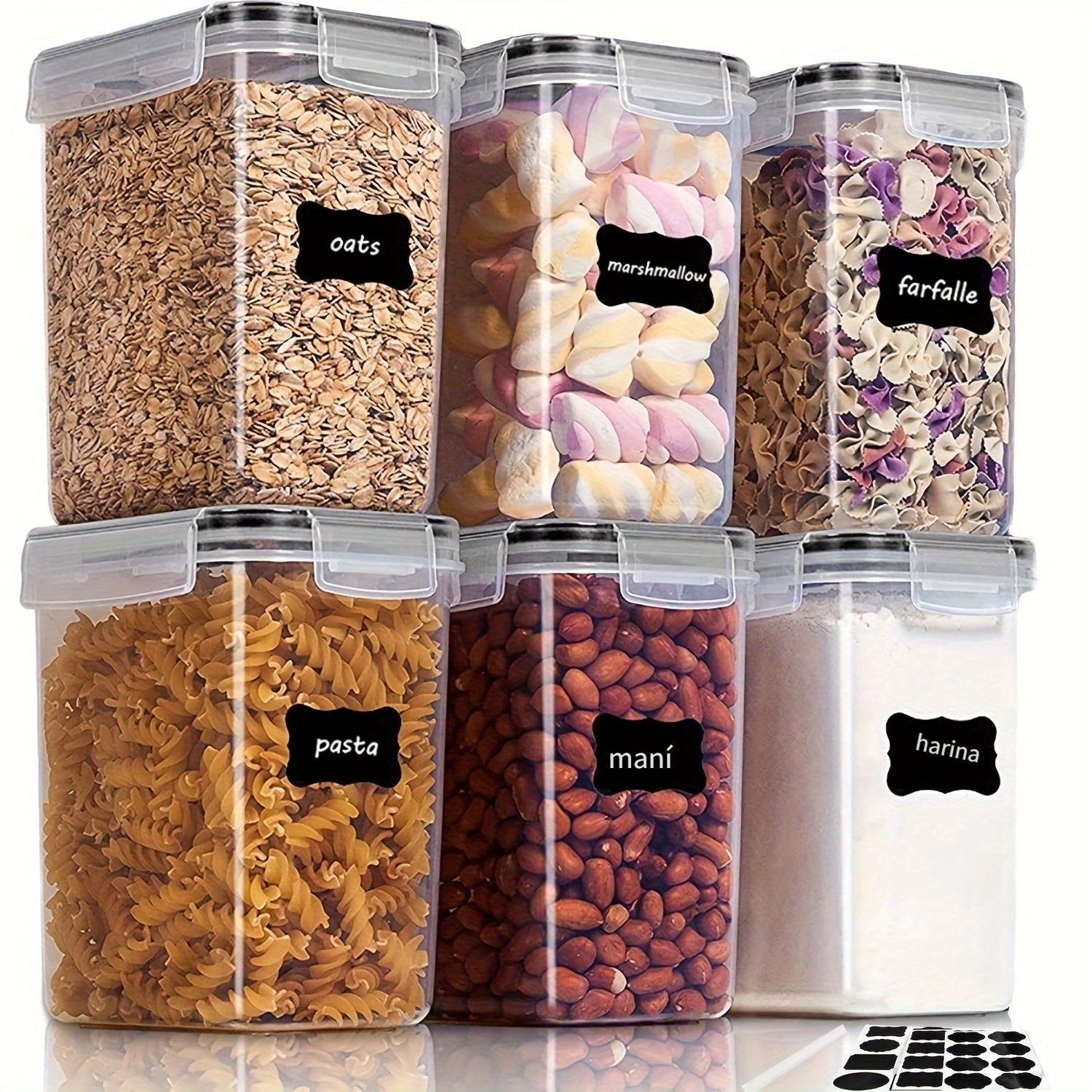 Juego de 6 contenedores de almacenamiento de alimentos herméticos, plástico libre de BPA, 54oz/1.5qt/1.6L, organizadores de cocina multifuncionales para azúcar, harina, pasta, maní, seguros para lavavajillas, incluye etiquetas y marcador