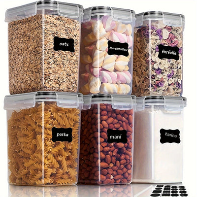 Juego de 6 contenedores de almacenamiento de alimentos herméticos, plástico libre de BPA, 54oz/1.5qt/1.6L, organizadores de cocina multifuncionales para azúcar, harina, pasta, maní, seguros para lavavajillas, incluye etiquetas y marcador