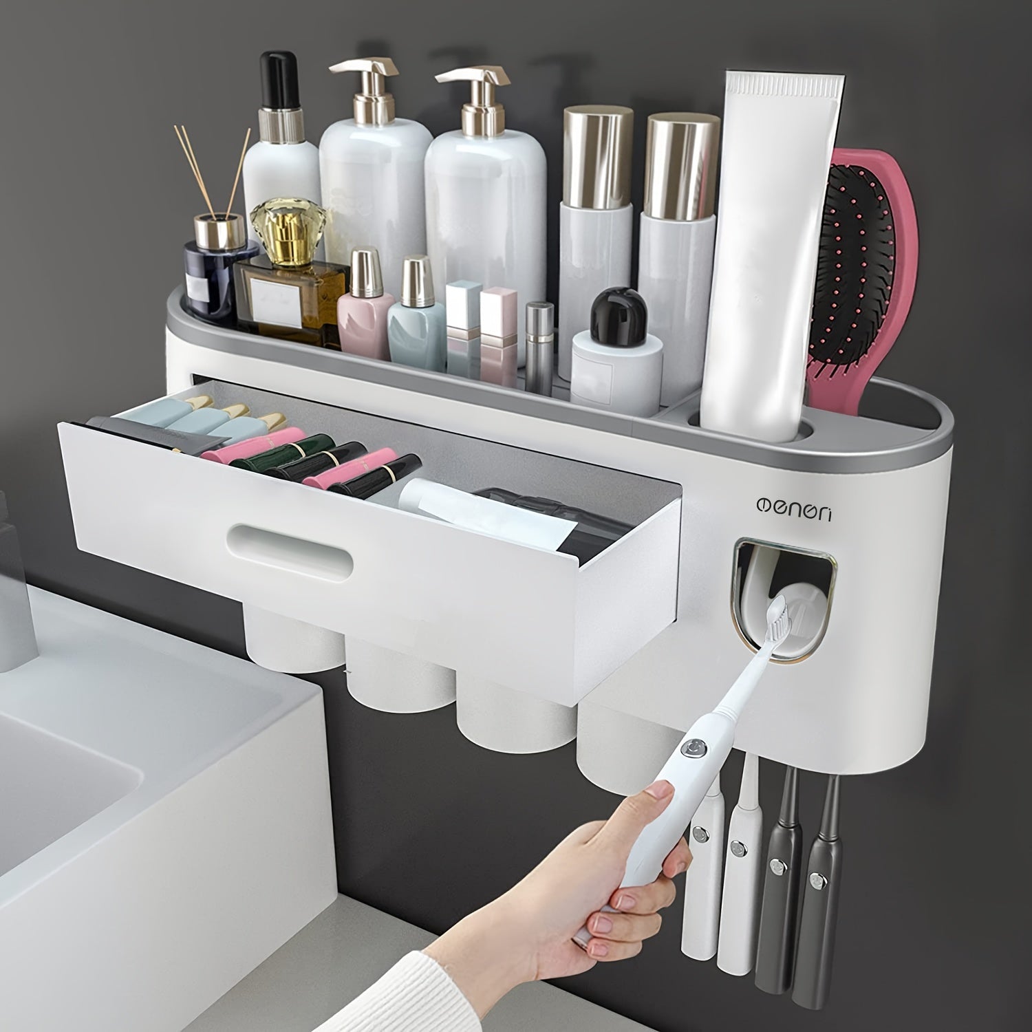 1 Juego De 2/3/4 Piezas, Porta Cepillos De Dientes Para Baños, Vasos Porta Cepillos, Montado En La Pared Con Dispensador De Pasta De Dientes, Bandeja De Gran Capacidad, 2 Cajones Para Cosméticos, Organizador De Baño Y Accesorios De Baño