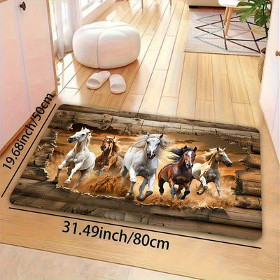 Felpudo de poliéster lavable a máquina con base de PVC antideslizante - Diseño de caballos galopantes para entrada interior, cocina, baño, dormitorio, sala de estar - Alfombra decorativa para el hogar, forma rectangular