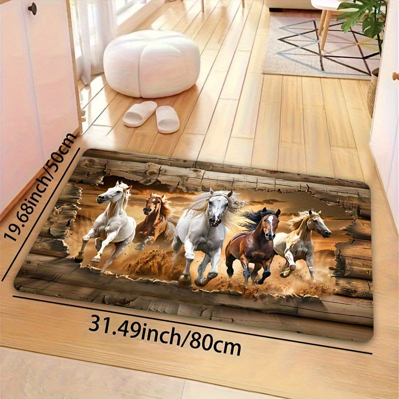 Felpudo de poliéster lavable a máquina con base de PVC antideslizante - Diseño de caballos galopantes para entrada interior, cocina, baño, dormitorio, sala de estar - Alfombra decorativa para el hogar, forma rectangular