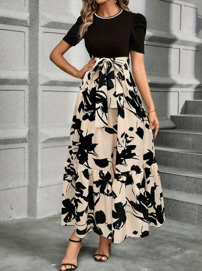 Vestido Elegante con Estampado Floral y Cinturón - Cuello Redondo, Manga Corta, Diseño en A para Mujer - Perfecto para Primavera y Verano