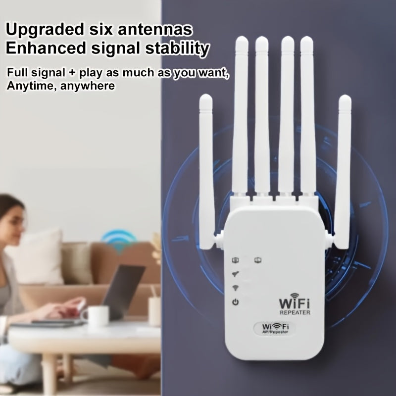 Extensor WIFI6, Amplificador de Señal con Puerto Ethernet, 6 Antenas de Alto Rendimiento, Cobertura 360° sin Puntos Muertos hasta 11000 pies cuadrados, Tecnología WIFI6, Velocidad Inalámbrica Hasta 300Mbps y Conexión Estable por Cable. Función de Relé Rá
