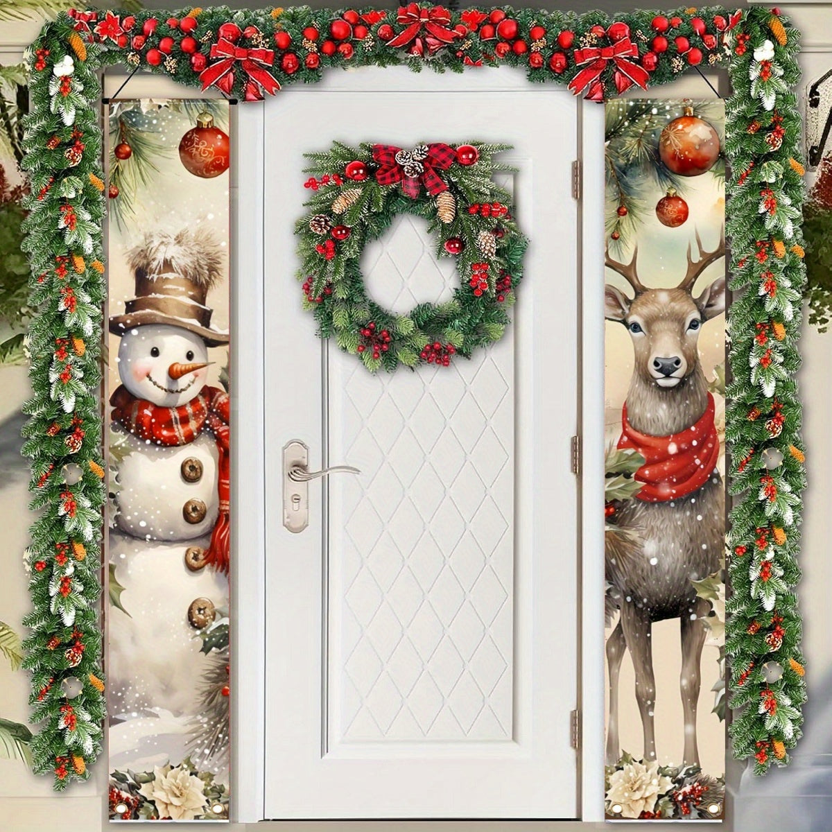 2 piezas, Cartel de Bienvenida Navideño para el Porche, Decoración de Puerta con Árbol de Navidad, Muñeco de Nieve, Santa Claus y Ratón, Bandera Colgante, Copo de Nieve Decoración de Granja para Vacaciones de Invierno, Decoración Exterior para el Hogar,