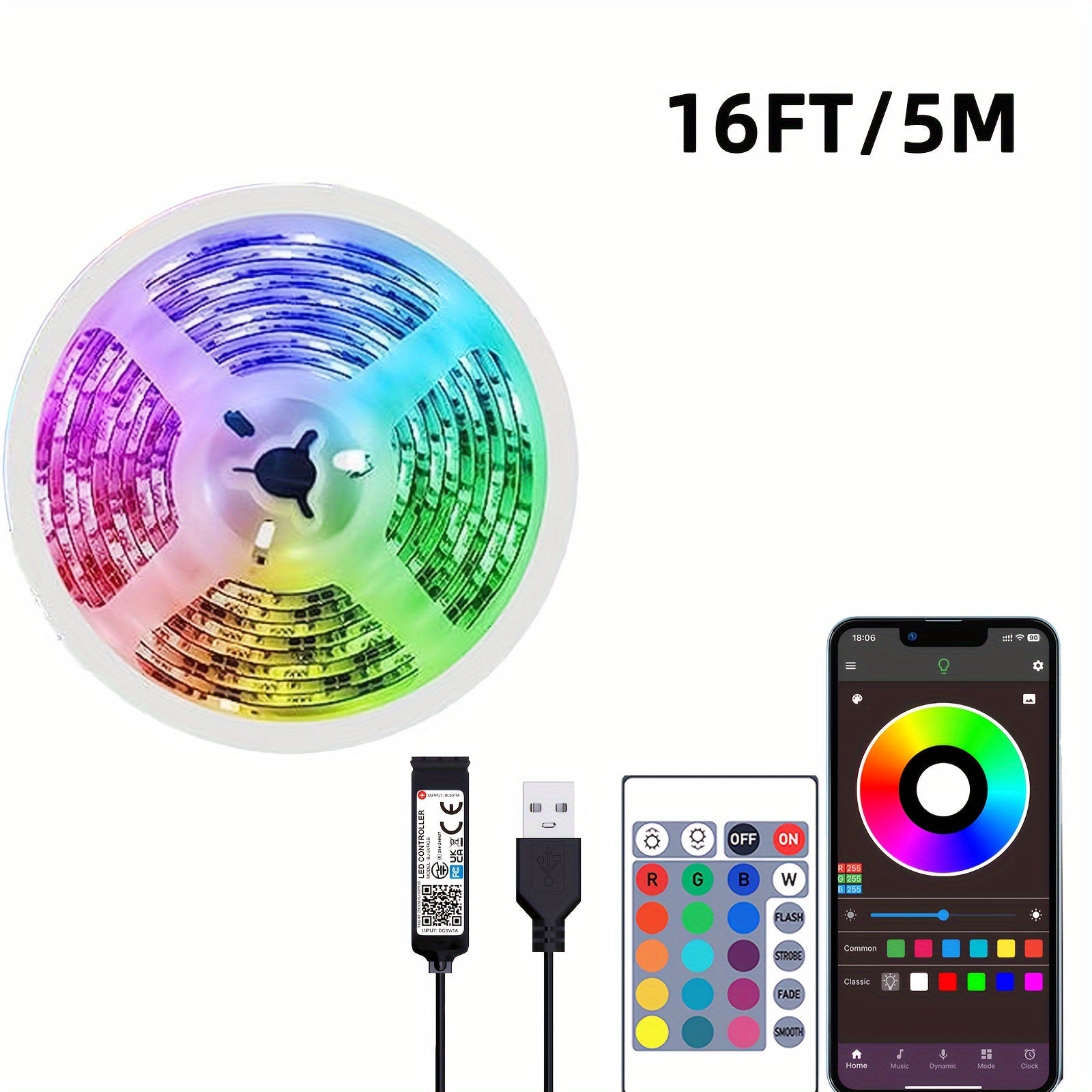 Tira de luces LED RGB de 91.44 cm a 30.48 metros, control remoto y por app, brillo ajustable, modo DIY, alimentación por USB, material ABS, pilas de botón no recargables, para decoración de dormitorio, sala, espejo y TV, luces LED para habitación