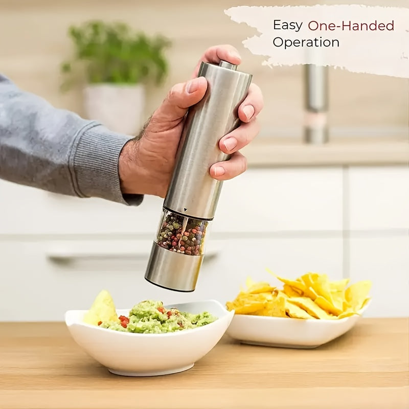 1/2 piezas de molinillos de sal y pimienta eléctricos de acero inoxidable - Funcionan con batería y luz LED - Molinillo de especias automático de una mano con ajuste de grosor - Gadget de cocina