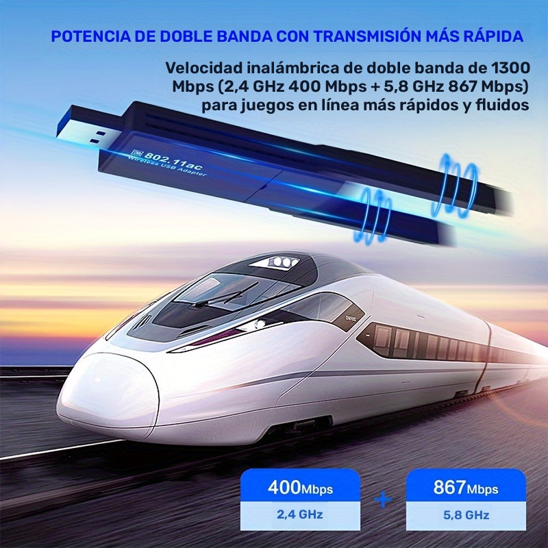 Adaptador Inalámbrico De Red Para PC De Escritorio USB 1300Mbps Con Antena De Doble Banda De Alta Ganancia Incorporada 5G/2.4G Para Windows 7/8/8.1/10/11, Que Brinda De Inmediato Capacidad WiFi Y Función De Hotspot Móvil A Tu PC De Escritorio.