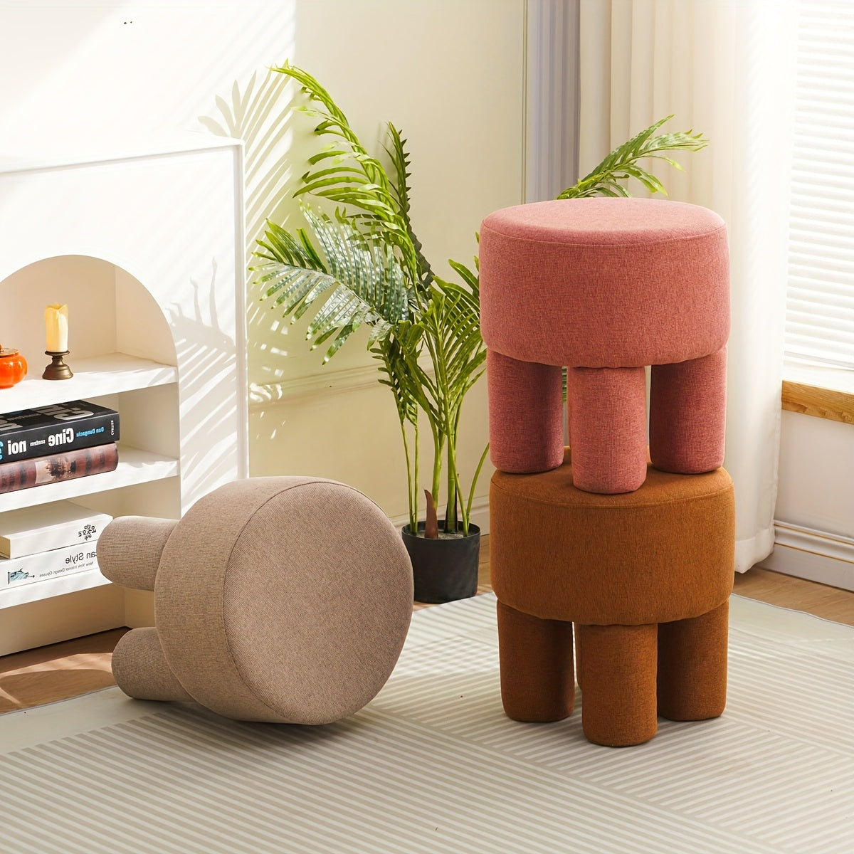 1pc Taburete Redondo con Marco de Madera Maciza y Tapa de Tela - Diseño Minimalista Contemporáneo, Asiento Acolchado Suave, Multiusos para Sala, Dormitorio, Entrada o Mesa de Café - Disponible en Rosa y Marrón