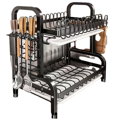 1 Estante de Cocina Grande de Doble Nivel, Organizador Multinivel con Soporte para Cuchillos y Tenedores, Tabla de Cortar, Sin Resbaladuras - Estantería Multifuncional para Boles, Platos y Vajilla, Reemplazo Comercial para Lavavajillas